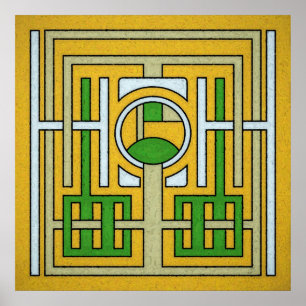 Geometric Yellow and Green Abstract Maze Design Poster