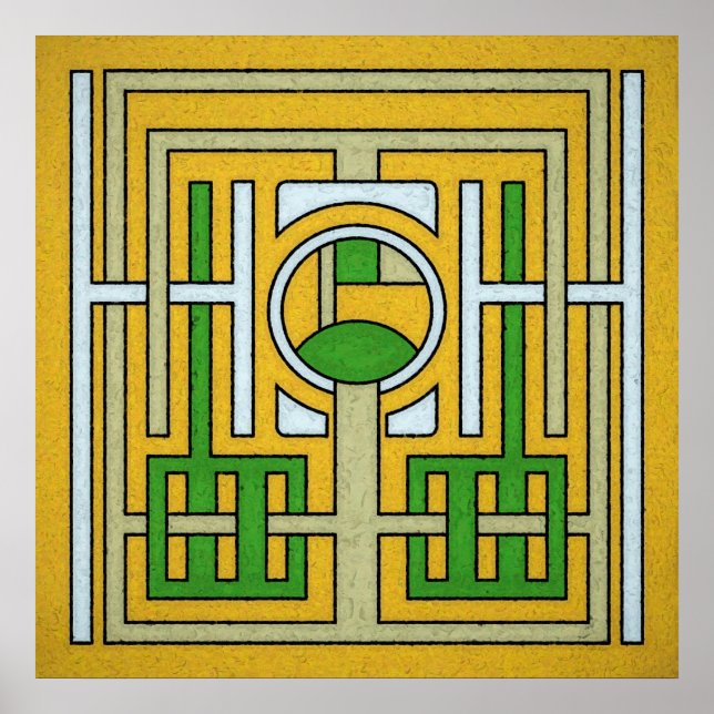 Geometric Yellow and Green Abstract Maze Design Poster (Front)