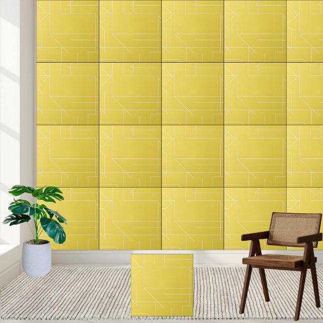 Geometric Yellow and White Line Pattern  Tile (Geometric Yellow and White Line Pattern Ceramic Tile)