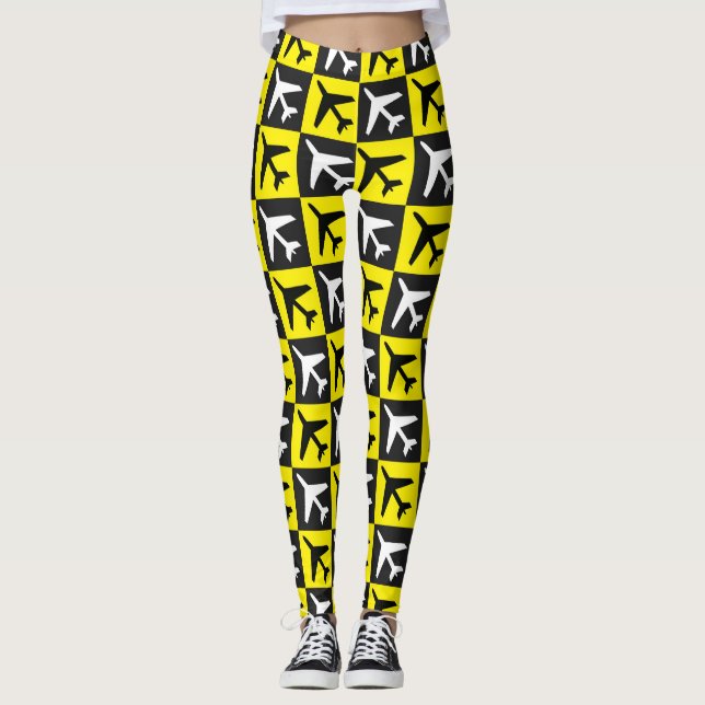 Geometric Yellow Flying Jets Aeroplane Leggings (Front)