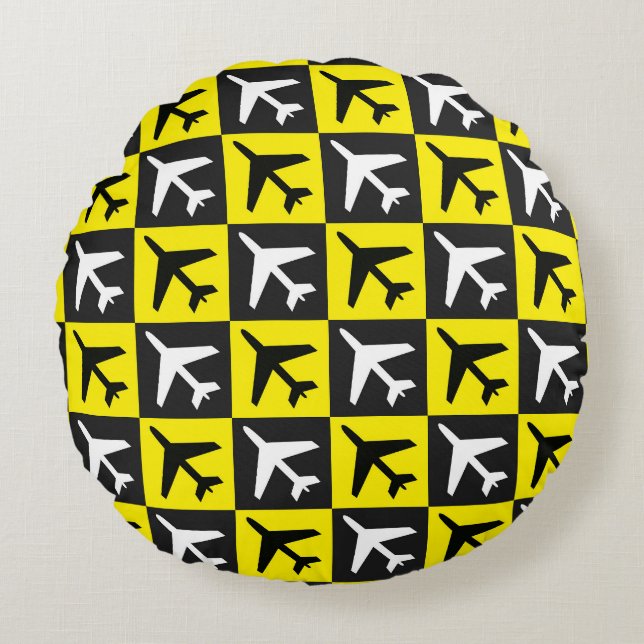 Geometric Yellow Flying Jets Aeroplane Round Cushion (Front)