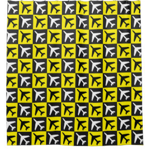 Geometric Yellow Flying Jets Aeroplane Shower Curtain