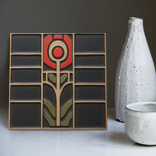 Geometrical Abstract Orange Flower Mid-Century Tile
