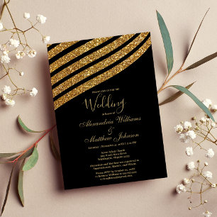 Geometrical black gold glitter abstract Wedding Invitation