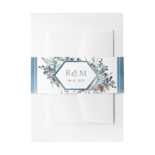 Geometrical Blue Floral with Wedding Initials Invitation Belly Band