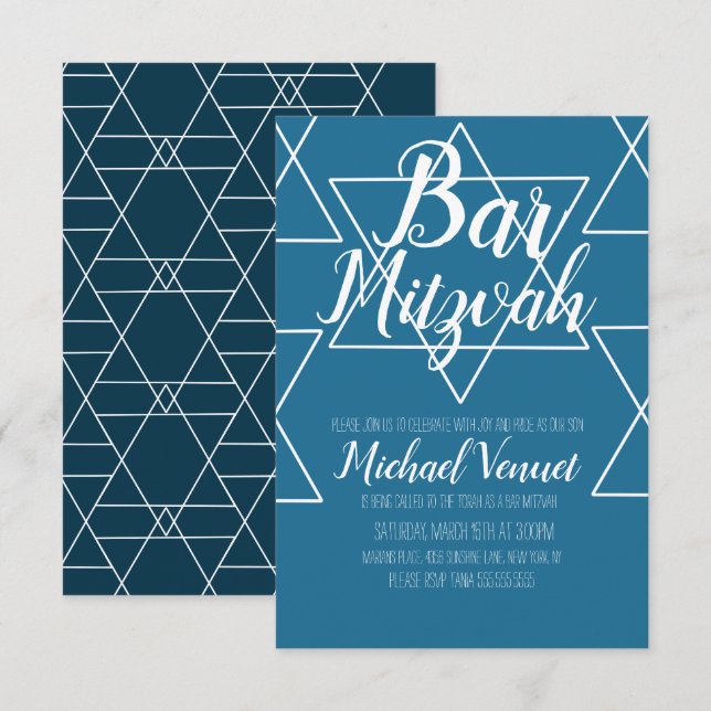 Geometrical Blue White Bar Mitzvah Invitation (Front/Back)