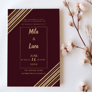 Geometrical burgundy gold typo Wedding Invitation