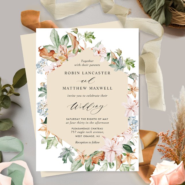 Geometrical Butter Beige and Earthy Blooms Wedding Invitation (Creator Uploaded)
