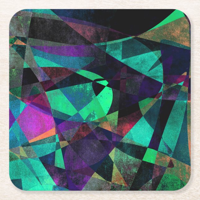 Geometrical, Colourful, Grungy Abstract Art Square Paper Coaster (Front)