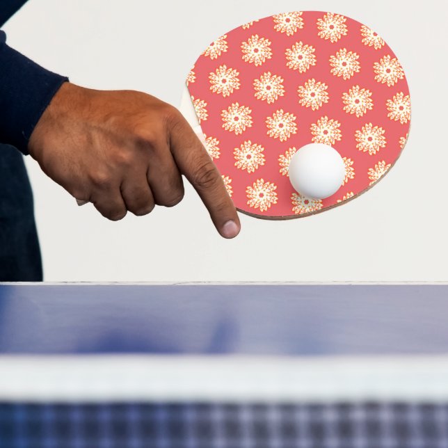 geometrical floral fire design coral background ping pong paddle (Insitu)