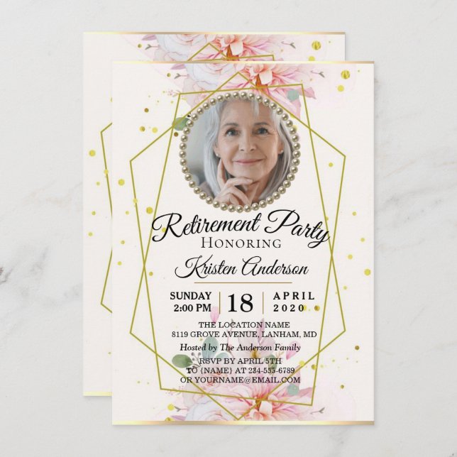 Geometrical Frame Floral Retirement Party Invitation (Front/Back)