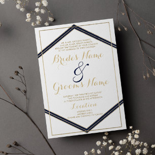 Geometrical navy blue gold white Wedding Invitation