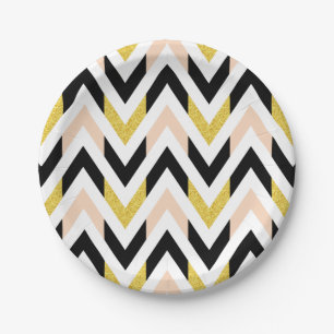 Geometrical Peachy Pink, Gold, Black Pattern Paper Plate