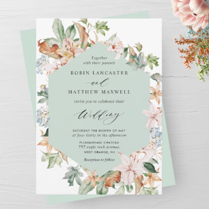 Geometrical Sage Green and Earthy Blooms Wedding Invitation