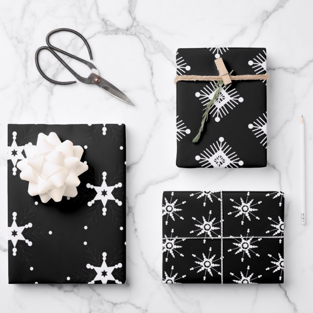 Geometrical Snowflakes Christmas Black White Wrapping Paper Sheet (Front)