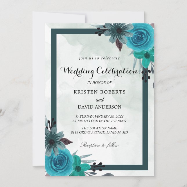 geometrical teal and black wedding invitations (Front)