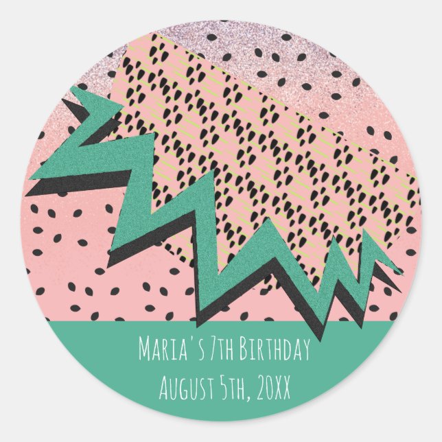 Geometrical Watermelon Slice Pink Birthday Party Classic Round Sticker (Front)