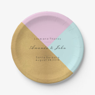Geometry Personalised Tiffany Pink Gold Wedding Paper Plate