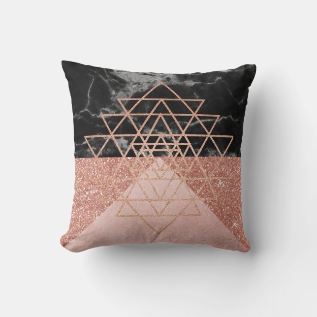 Geometry  Pink Rose Gold Triangle Marble Black Cushion (Front)