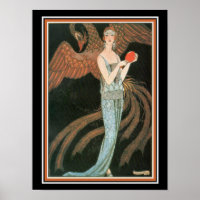 George Barbier Art Deco Girl with Peacock 12 x 16