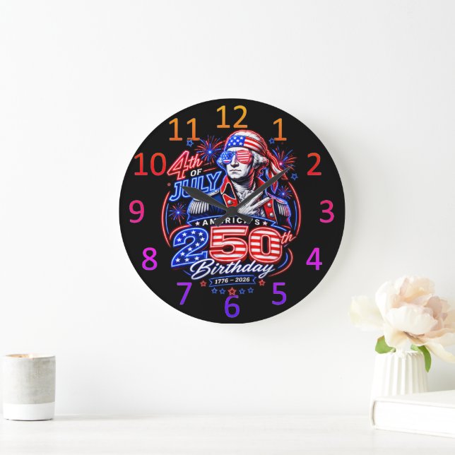 George Washington Patriotic Fireworks Art Large Clock (Home)