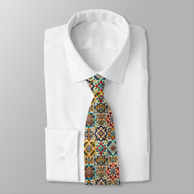 Georgeous Colourful Geometric Red Blue Tiled  Tie (Tied)