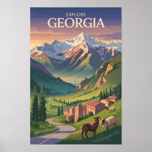 Georgia Caucasus Mountains Travel Art Vintage Poster