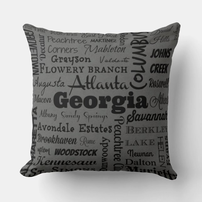 Georgia cities typography throw pillow, grey/black cushion (Front)