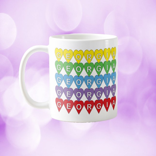Georgia Heart Pattern Rainbow Coffee Mug (A mug that says Georgia inside colorful hearts!)