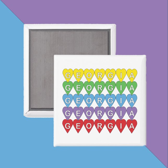 Georgia Hearts Rainbow Pattern Magnet (A magnet that says Georgia inside yellow, green, blue, purple and red hearts.)