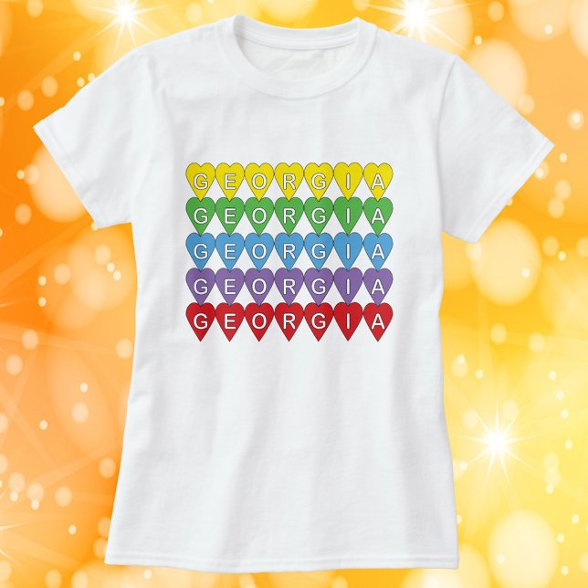 Georgia Rainbow Hearts T-Shirt (A shirt that says Georgia in yellow, green, blue, purple and red hearts.)