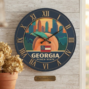 Georgia Skyline Peach and State Flag  Large Clock