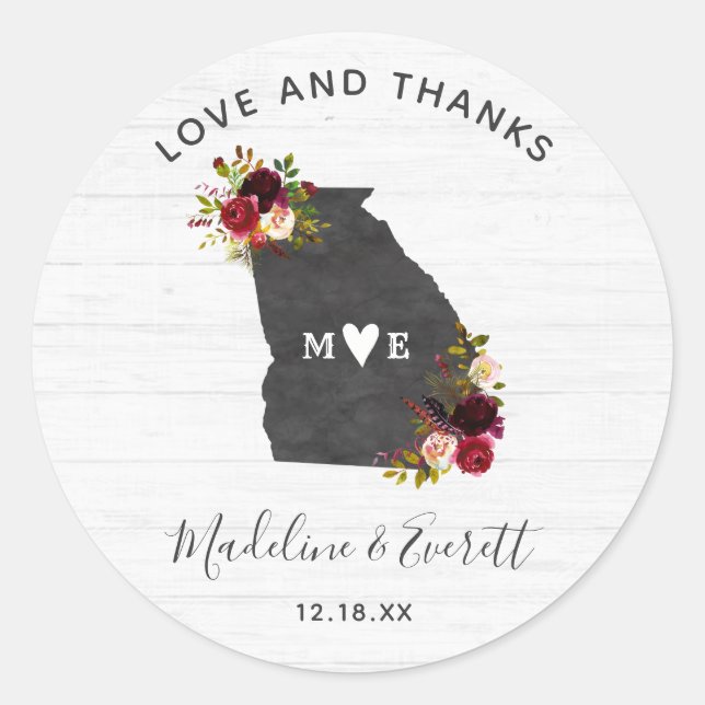 Georgia State Destination Rustic Wedding Thank You Classic Round Sticker (Front)
