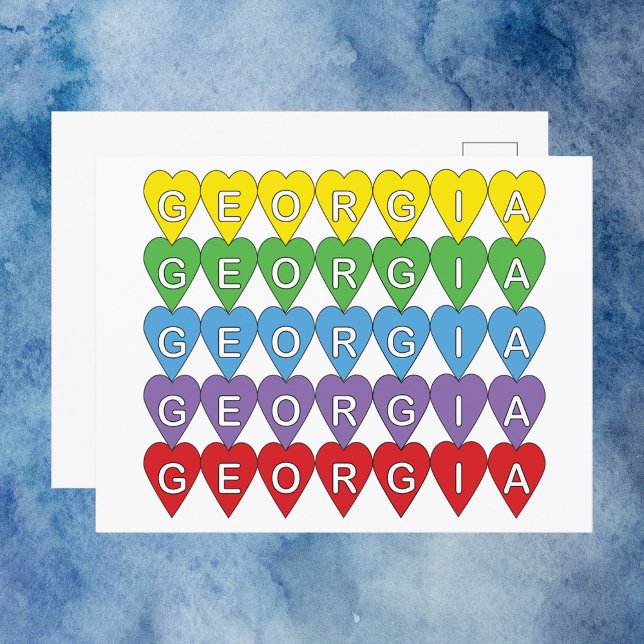 Georgia US State Hearts Rainbow Postcard (A postcard that says Georgia in colorful hearts.)