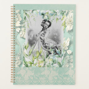 Georgian lady in Sea Moss Green and leaves. Planner