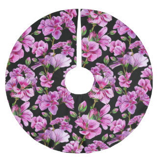 Geranium branches, watercolor pink buds. brushed polyester tree skirt
