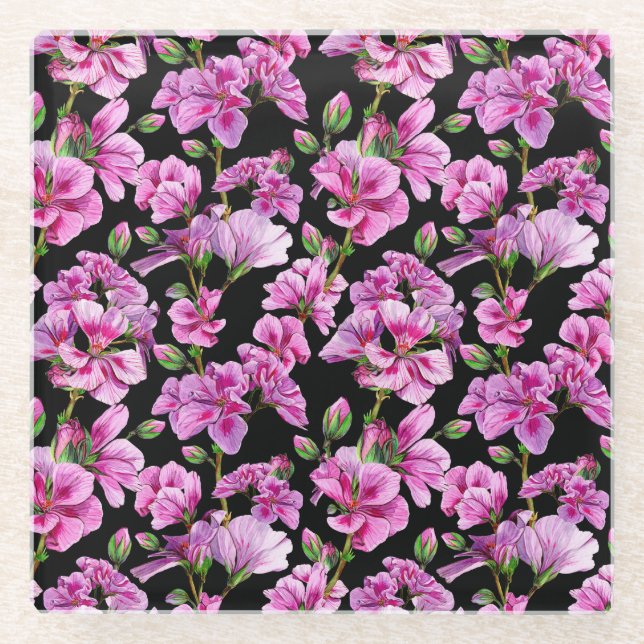 Geranium branches, watercolor pink buds. glass coaster (Front)