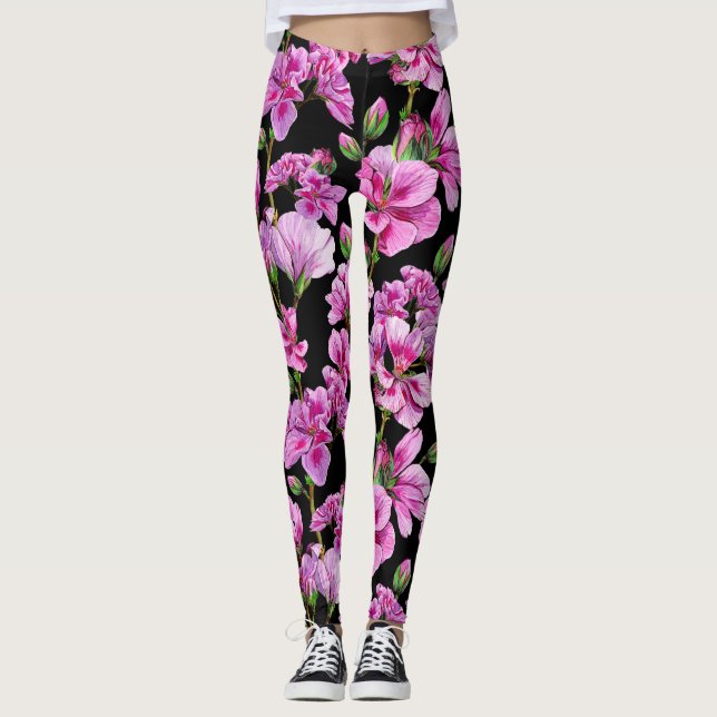 Geranium branches, watercolor pink buds. leggings (Front)