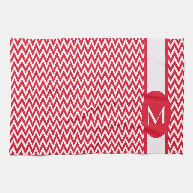 Geranium Elegant Chevron Design with monogram Tea Towel (Horizontal)