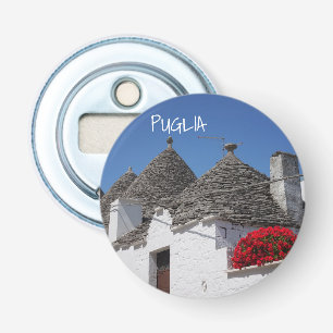 Geranium flowers and trulli houses in Alberobello Bottle Opener