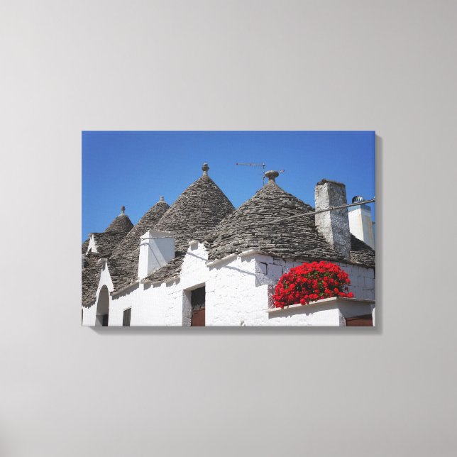 Geranium flowers and trulli houses in Alberobello Canvas Print (Front)