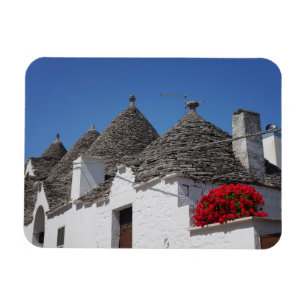 Geranium flowers and trulli houses in Alberobello Magnet