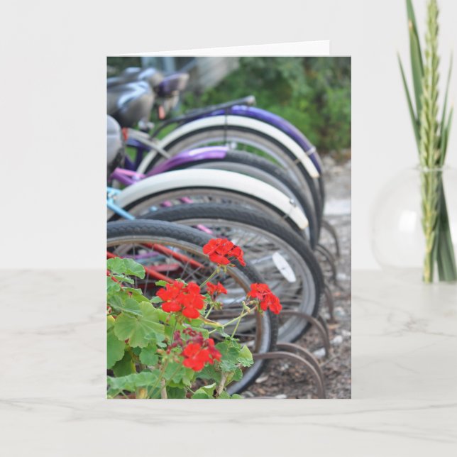Geraniums and Bicycles Greeting Card (Front)