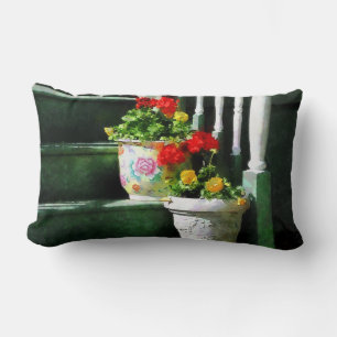 Geraniums and Pansies on Steps Lumbar Cushion