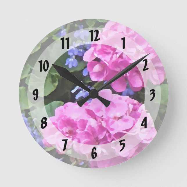 Geraniums and Periwinkle Round Clock (Front)