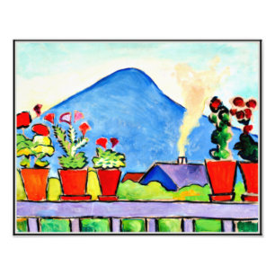 Geraniums Before Blue Mountain, colourful painting Photo Print