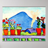 Geraniums Before Blue Mountain, colourful painting