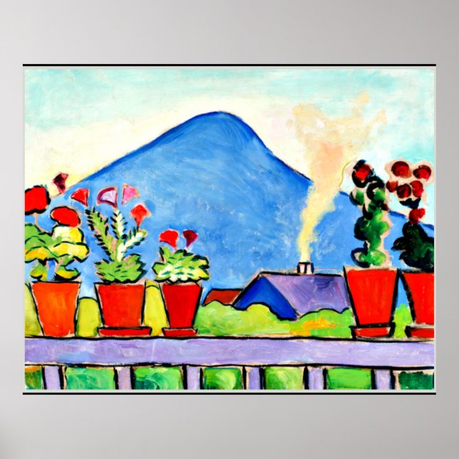Geraniums Before Blue Mountain, colourful painting Poster (Front)
