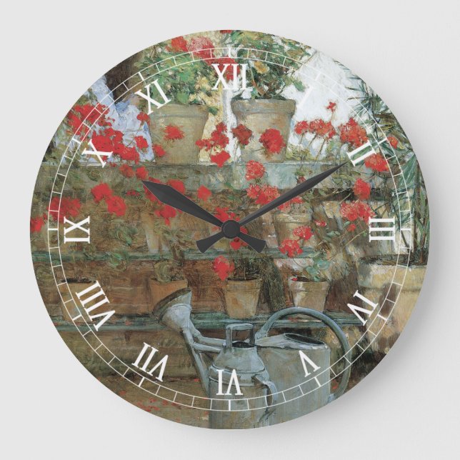 Geraniums by Childe Hassam, Vintage Impressionism Large Clock (Front)