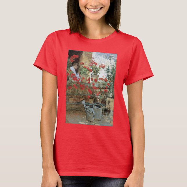 Geraniums by Childe Hassam, Vintage Impressionism T-Shirt (Front)